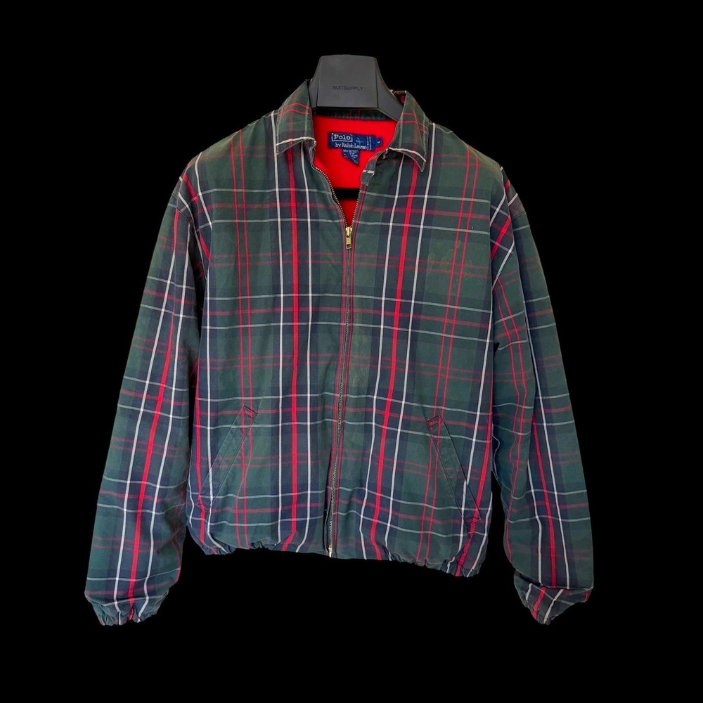 90's Polo Ralph Lauren Green Red Plaid Harrington Jacket Fleece Lined Size M